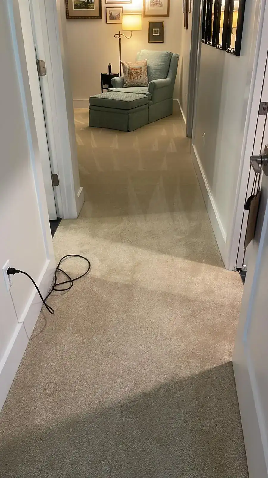 Freshly cleaned hallway carpet with vacuum lines in Clinton, MA